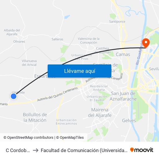 C Cordoba (V) to Facultad de Comunicación (Universidad de Sevilla) map