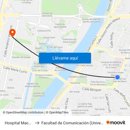 Hospital Macarena (U) to Facultad de Comunicación (Universidad de Sevilla) map