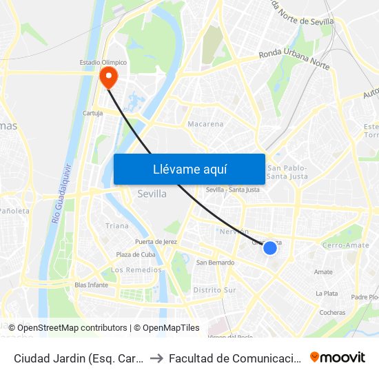 Ciudad Jardin (Esq. Cardenal Rodrigo de Castro) to Facultad de Comunicación (Universidad de Sevilla) map