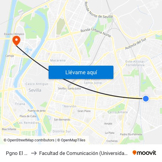 Pgno El Pino to Facultad de Comunicación (Universidad de Sevilla) map