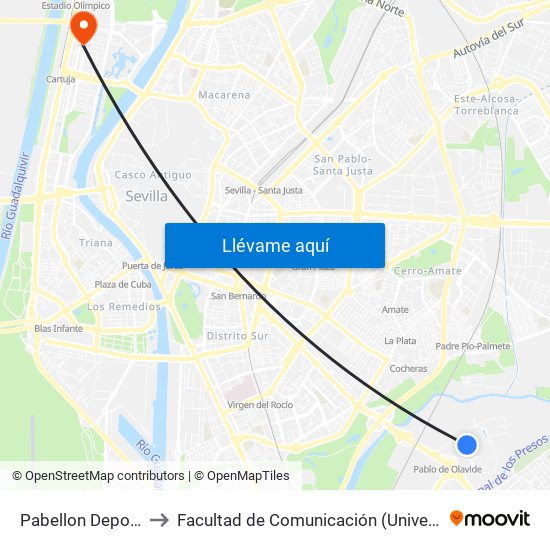 Pabellon Deportes Upo to Facultad de Comunicación (Universidad de Sevilla) map
