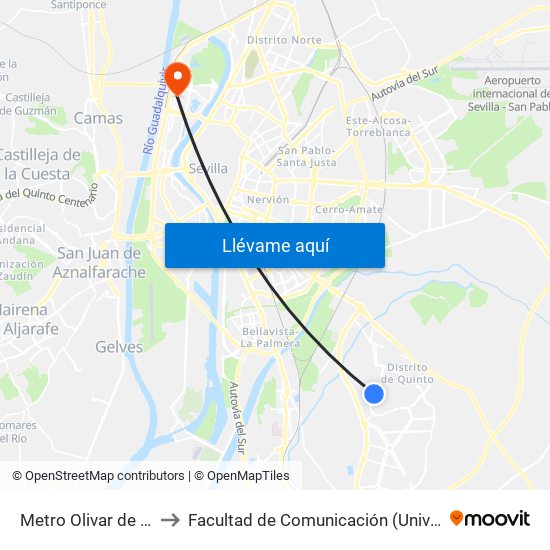 Metro Olivar de Quintos (I) to Facultad de Comunicación (Universidad de Sevilla) map