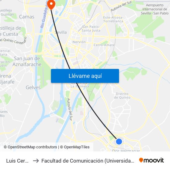 Luis Cernuda to Facultad de Comunicación (Universidad de Sevilla) map