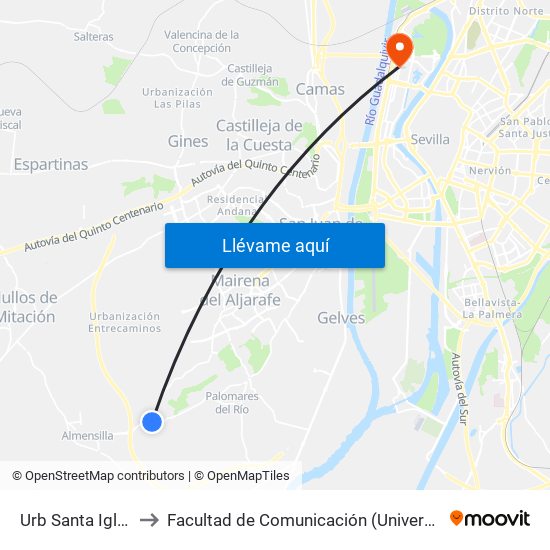 Urb Santa Iglesia (V) to Facultad de Comunicación (Universidad de Sevilla) map