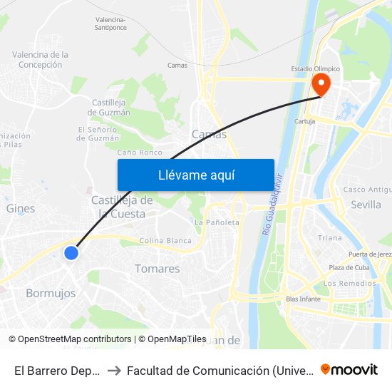 El Barrero Depositos (I) to Facultad de Comunicación (Universidad de Sevilla) map
