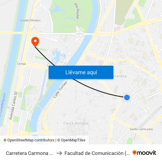 Carretera Carmona (Centro de Salud) to Facultad de Comunicación (Universidad de Sevilla) map