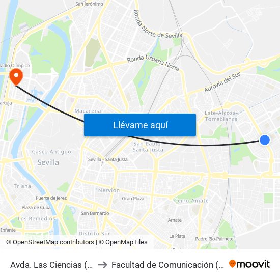Avda. Las Ciencias (Edif. Entreflores) to Facultad de Comunicación (Universidad de Sevilla) map