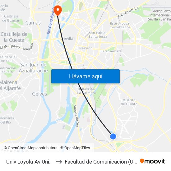 Univ Loyola-Av Universidades (V) to Facultad de Comunicación (Universidad de Sevilla) map