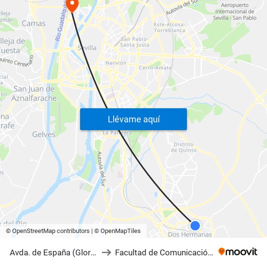 Avda. de España (Glorieta de Valencia / Aldi) to Facultad de Comunicación (Universidad de Sevilla) map