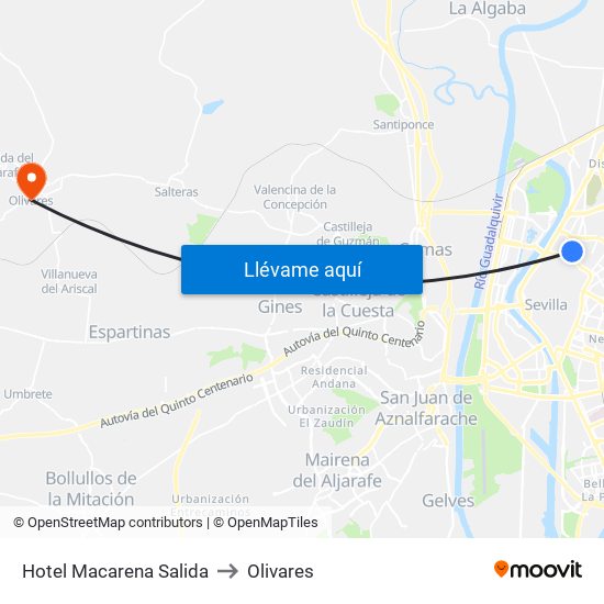 Hotel Macarena Salida to Olivares map