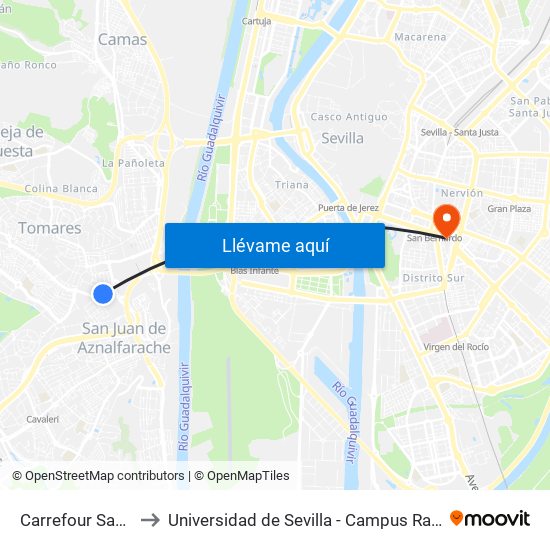 Carrefour San Juan to Universidad de Sevilla - Campus Ramón y Cajal map