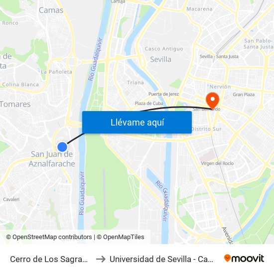 Cerro de Los Sagrados Corazones to Universidad de Sevilla - Campus Ramón y Cajal map