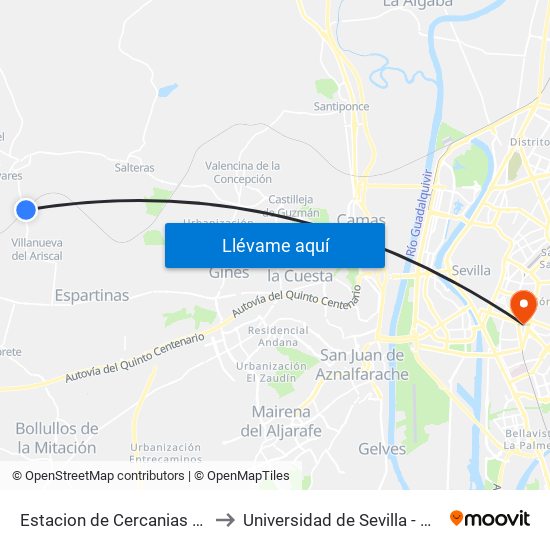 Estacion de Cercanias Villanueva Del Ariscal to Universidad de Sevilla - Campus Ramón y Cajal map