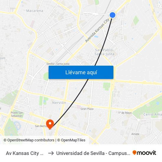 Av Kansas City Renault(I) to Universidad de Sevilla - Campus Ramón y Cajal map