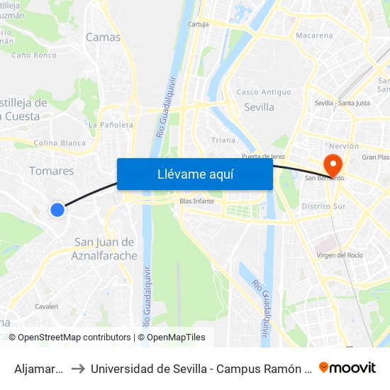 Aljamar(V) to Universidad de Sevilla - Campus Ramón y Cajal map
