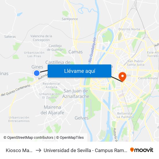 Kiosco Marcos to Universidad de Sevilla - Campus Ramón y Cajal map