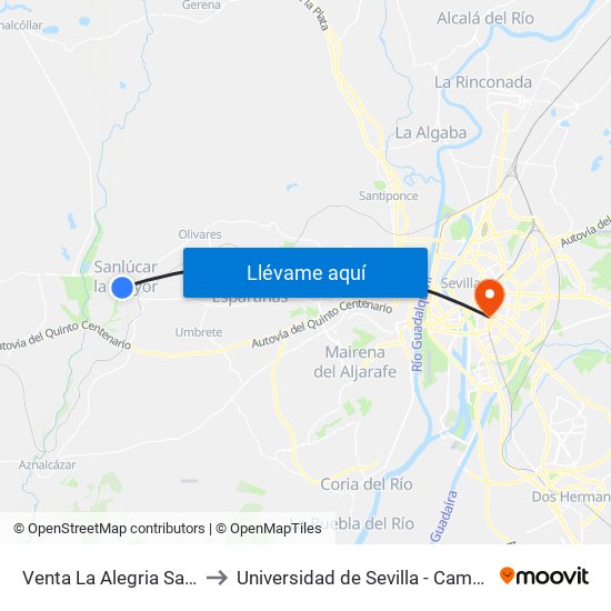 Venta La Alegria Sanlucar M. (V) to Universidad de Sevilla - Campus Ramón y Cajal map