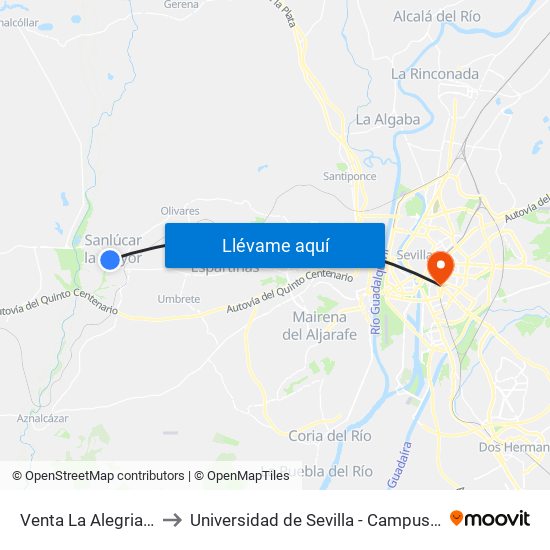 Venta La Alegria (Frente) to Universidad de Sevilla - Campus Ramón y Cajal map