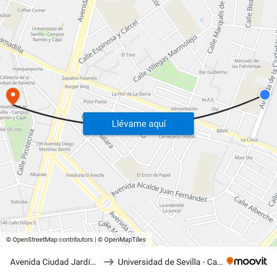 Avenida Ciudad Jardín (Piscinas Sevilla) to Universidad de Sevilla - Campus Ramón y Cajal map