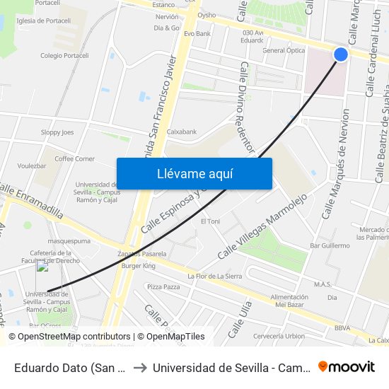 Eduardo Dato (San Juan de Dios) to Universidad de Sevilla - Campus Ramón y Cajal map