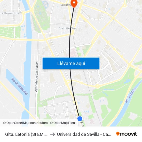Glta. Letonia (Sta.M. de La Cabeza) to Universidad de Sevilla - Campus Ramón y Cajal map