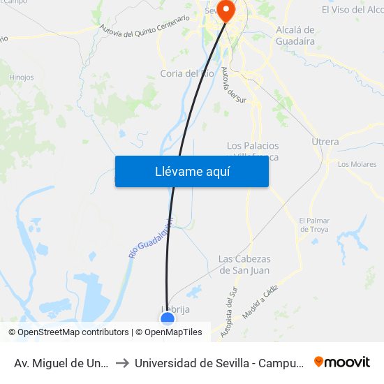 Av. Miguel de Unamuno III to Universidad de Sevilla - Campus Ramón y Cajal map