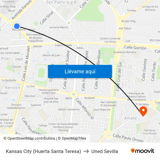 Kansas City (Huerta Santa Teresa) to Uned Sevilla map