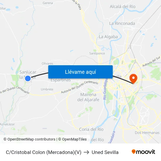 C/Cristobal Colon (Mercadona)(V) to Uned Sevilla map