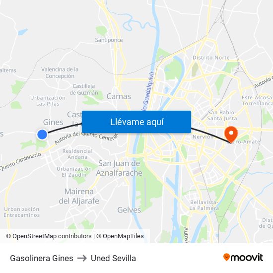 Gasolinera Gines to Uned Sevilla map