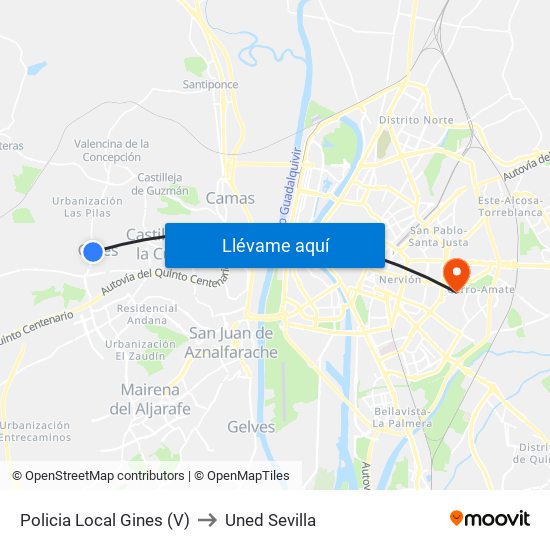 Policia Local Gines (V) to Uned Sevilla map