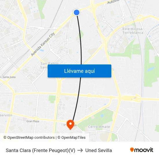 Santa Clara (Frente Peugeot)(V) to Uned Sevilla map