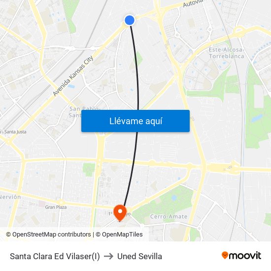 Santa Clara Ed Vilaser(I) to Uned Sevilla map