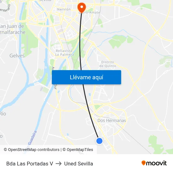 Bda Las Portadas V to Uned Sevilla map