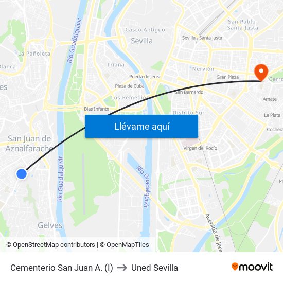 Cementerio San Juan A. (I) to Uned Sevilla map