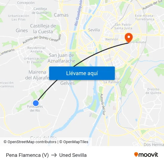 Pena Flamenca (V) to Uned Sevilla map