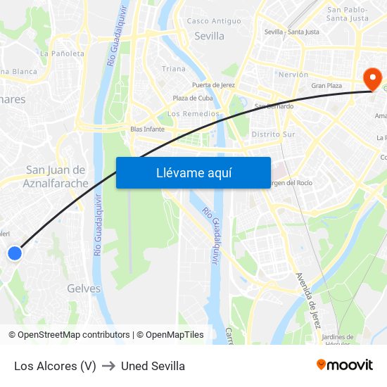 Los Alcores (V) to Uned Sevilla map