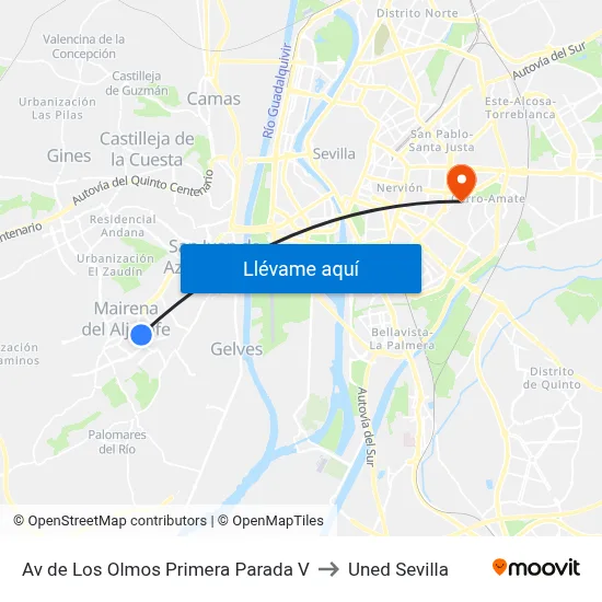 Av de Los Olmos Primera Parada V to Uned Sevilla map