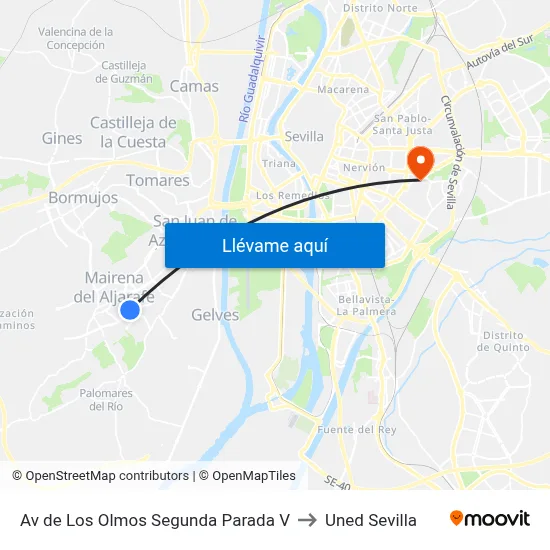 Av de Los Olmos Segunda Parada V to Uned Sevilla map