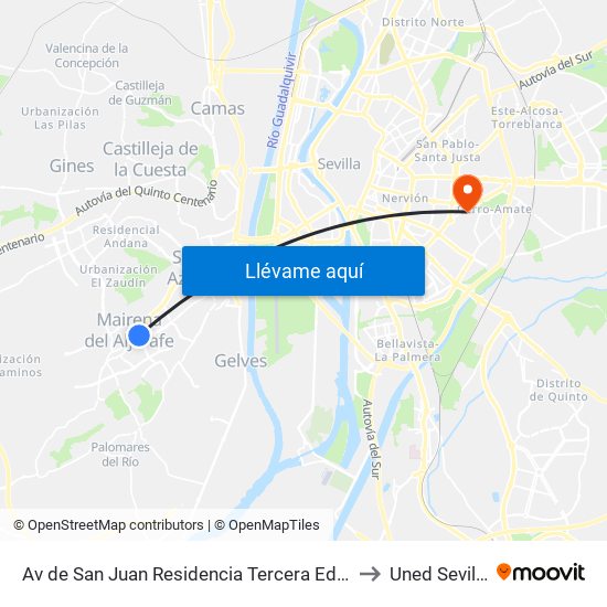 Av de San Juan Residencia Tercera Edad to Uned Sevilla map