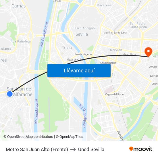 Metro San Juan Alto (Frente) to Uned Sevilla map