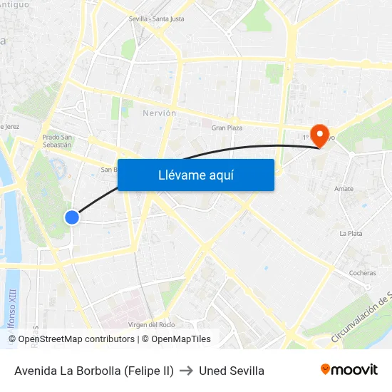 Avenida La Borbolla  (Felipe II) to Uned Sevilla map