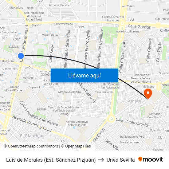 Luis de Morales (Est. Sánchez Pizjuán) to Uned Sevilla map
