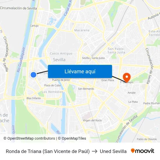 Ronda de Triana (San Vicente de Paúl) to Uned Sevilla map