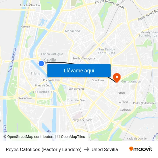 Reyes Catolicos (Pastor y Landero) to Uned Sevilla map