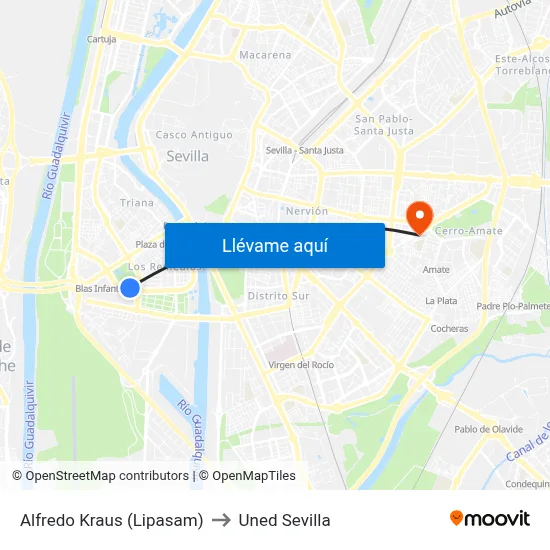 Alfredo Kraus (Lipasam) to Uned Sevilla map