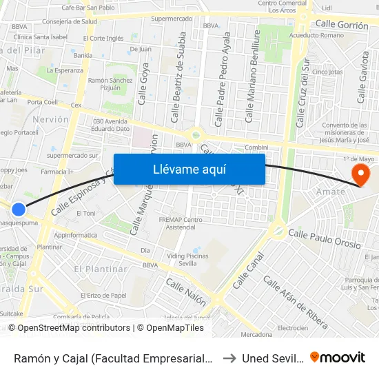 Ramón y Cajal (Facultad Empresariales) to Uned Sevilla map