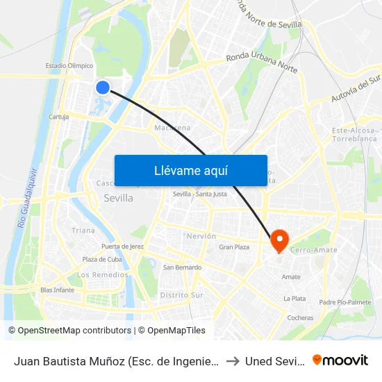 Juan Bautista Muñoz (Esc. de Ingenieria) to Uned Sevilla map