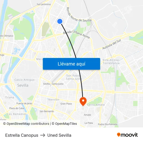 Estrella Canopus to Uned Sevilla map