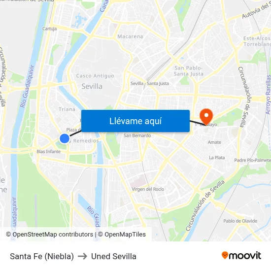 Santa Fe (Niebla) to Uned Sevilla map
