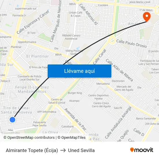 Almirante Topete (Écija) to Uned Sevilla map